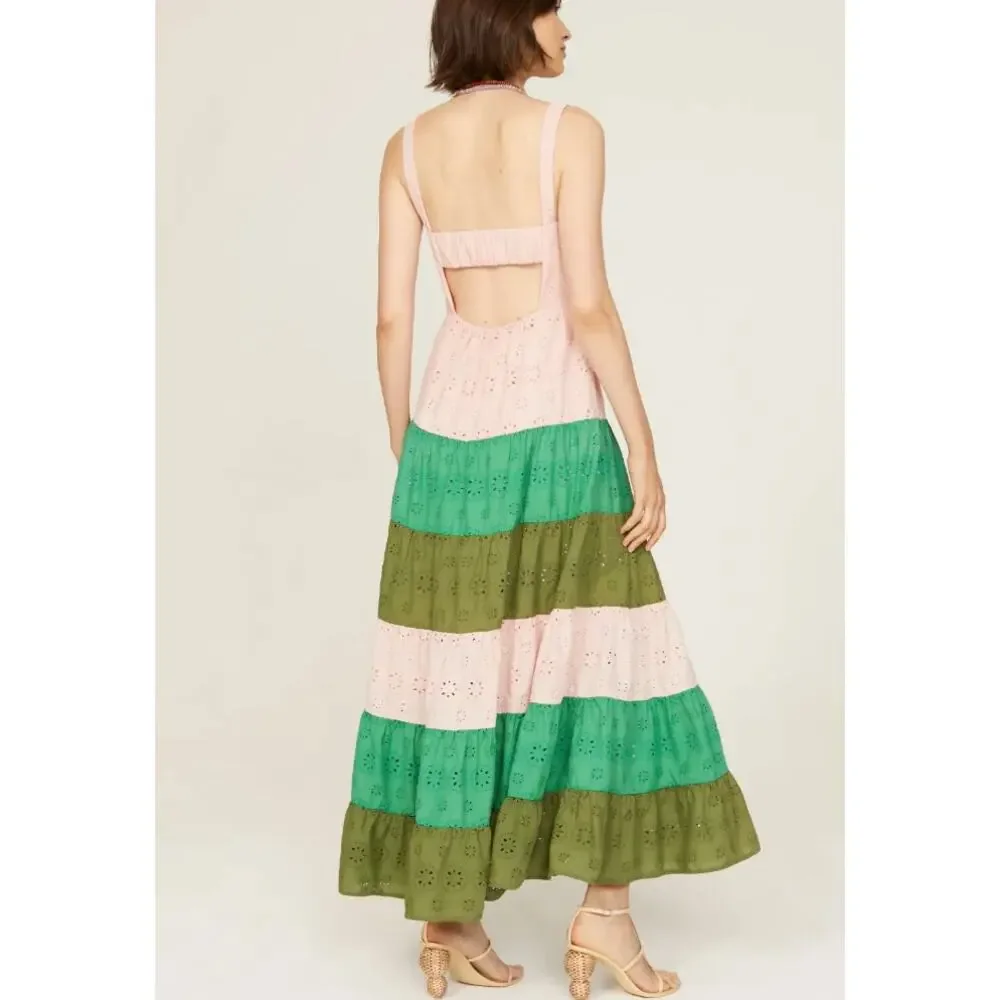 Slate & Willow Green Pink Tiered Ruffle Maxi Dress Size 0 Eyelet Cotton $310 - Picture 2 of 10